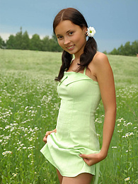 Find-Best-Hardcore.com presents: Marvelous nude babe with two pretty ponytails has a walk in the field of chamomiles and fondles her tender skin with them.